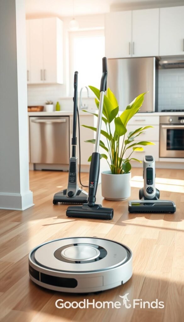 A modern home interior showcasing a variety of innovative cleaning devices arranged in an aesthetically pleasing layout. In the foreground, a sleek robotic vacuum glides effortlessly across a polished wooden floor, while a stylish cordless vacuum is propped against a minimalist wall. In the middle ground, a compact steam cleaner sits next to a bright, vibrant indoor plant, emphasizing cleanliness and freshness. The background features a sunlit kitchen with stainless steel appliances and white cabinetry, fostering a sense of calm and efficiency. Soft, natural lighting bathes the scene, enhancing the inviting atmosphere. The image should capture the essence of smart, non-intrusive cleaning technology, reflecting the brand name "GoodHomeFinds" without any text overlays or distractions.