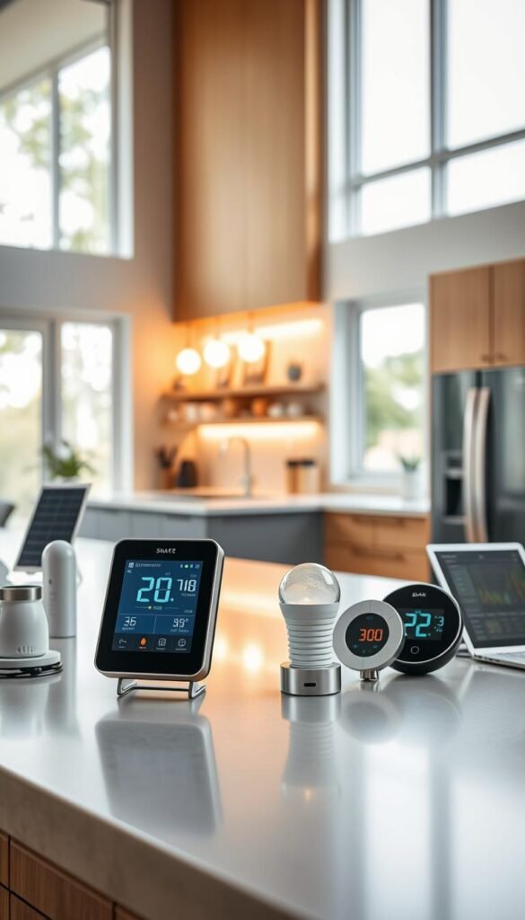A modern home interior showcasing innovative energy power devices on a sleek countertop. In the foreground, a smart energy monitor with a digital display reflects energy consumption data, surrounded by eco-friendly gadgets like a solar charger and a programmable thermostat. In the middle, a stylish, well-lit kitchen with open cabinets reveals energy-saving LED bulbs and an energy-efficient appliance. The background features large windows letting in natural sunlight, creating a warm and inviting atmosphere. Soft, diffused lighting highlights the efficiency of these tools, while a slight lens blur adds depth. The overall mood is one of sustainability and modern living, perfectly aligning with GoodHomeFinds&rsquo; aesthetic for practical daily life products.