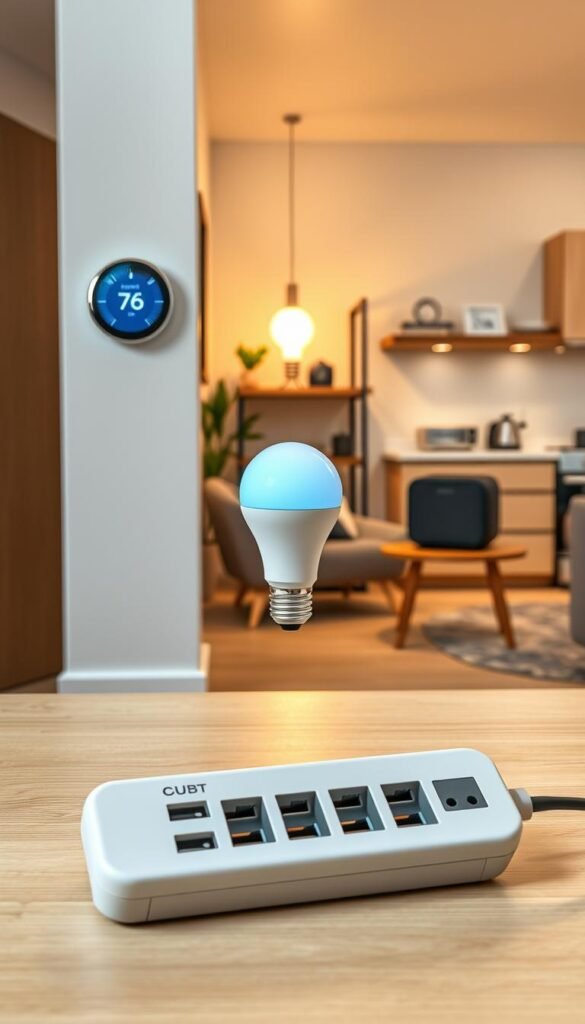 A modern home interior showcasing various power devices in the context of a smart setup. The foreground features a sleek, minimalistic power strip with multiple USB ports, alongside a smart thermostat on the wall. In the middle ground, an energy-efficient smart bulb illuminates a cozy reading nook, emphasizing the fusion of technology and comfort. The background includes a stylish, open concept living area with a smart speaker on a shelf, and smart appliances subtly integrated into the kitchen space. The lighting is warm and inviting, creating a professional yet casual atmosphere. The scene is shot with a 35mm lens from a slightly elevated angle, capturing the harmony of home automation in everyday life. This lifestyle photo should reflect the brand essence of GoodHomeFinds. A modern home interior showcasing various power devices in the context of a smart setup. The foreground features a sleek, minimalistic power strip with multiple USB ports, alongside a smart thermostat on the wall. In the middle ground, an energy-efficient smart bulb illuminates a cozy reading nook, emphasizing the fusion of technology and comfort. The background includes a stylish, open concept living area with a smart speaker on a shelf, and smart appliances subtly integrated into the kitchen space. The lighting is warm and inviting, creating a professional yet casual atmosphere. The scene is shot with a 35mm lens from a slightly elevated angle, capturing the harmony of home automation in everyday life. This lifestyle photo should reflect the brand essence of GoodHomeFinds.