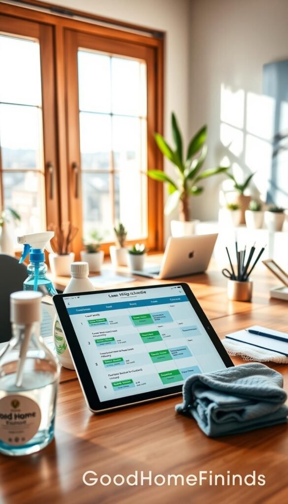 A modern home office scene featuring a beautifully organized cleaning schedule, prominently displayed on a sleek digital tablet on a stylish wooden desk. In the foreground, there are cleaning supplies displayed neatly, including eco-friendly spray bottles and microfiber cloths. The middle ground showcases a vibrant, well-lit workspace with a laptop, potted plants, and stationery items, creating an inviting atmosphere that inspires productivity. In the background, a large window allows soft, natural light to fill the room, casting gentle shadows. The overall mood is fresh and motivating, emphasizing the efficiency that technology brings to home cleanliness. Ensure a subtle branding element featuring "GoodHomeFinds" integrated into the decor.
