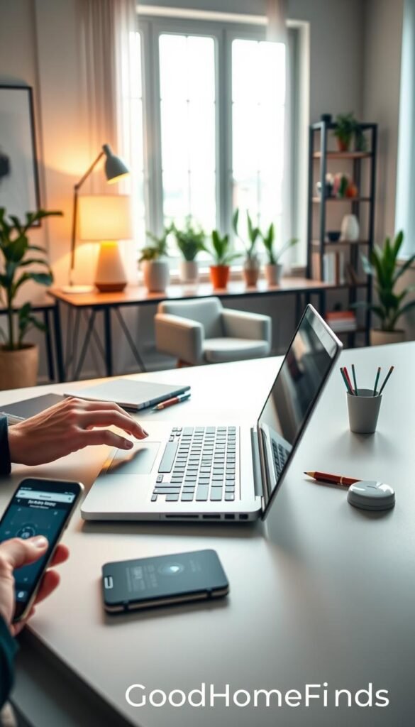 A modern home office scene showcasing a sleek workspace centered on a laptop surrounded by digital tools for text expansion. In the foreground, a hand can be seen typing effortlessly on the laptop, with a smartphone nearby displaying voice typing software. The middle layer includes a stylish desk with a notepad and pens, a cozy chair, and a minimalist lamp casting warm light. The background features a large window with soft natural light shining through, highlighting potted plants and a contemporary bookshelf. The atmosphere is calm and focused, emphasizing productivity and technology integration. The image should embody a Pinterest-style lifestyle aesthetic, emphasizing a harmonious blend of work and comfort, branded with "GoodHomeFinds."