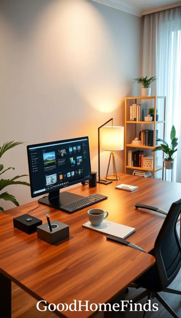 A modern home office setup featuring a sleek, high-performance computer on a minimalist desk. In the foreground, a polished wooden desk with an elegant ergonomic chair, showcasing a dual-monitor arrangement displaying productivity apps and a tidy workspace with a stylish desk organizer. The middle layer includes warm lighting emanating from a contemporary desk lamp, illuminating a notepad and a coffee cup, creating a cozy and inviting atmosphere. The background reveals a well-organized bookshelf filled with books and decorative plants, enhancing the workspace vibe. The image captures a bright, airy room with soft natural light filtering through sheer curtains, evoking a sense of productivity and creativity. Ensure the brand name "GoodHomeFinds" is subtly included in the decor.