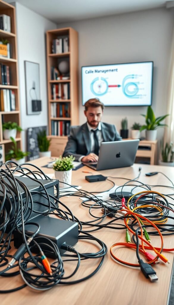 A modern home office setup featuring an elegant desk cluttered with cables, showcasing both chaos and organization. In the foreground, a neatly arranged cable management solution, such as a cable box and colorful cable ties, contrasts with tangled cords on the side. In the middle, a professional-looking person dressed in smart casual attire, actively using a laptop with a focused expression, surrounded by minimalistic decor and plants. The background features a contemporary bookshelf filled with books and a wall-mounted screen displaying a cable management diagram. Soft, natural lighting filters through a nearby window, creating a warm and inviting atmosphere. The image embodies the theme of efficient cable management while illustrating the challenges and solutions effectively. GoodHomeFinds.