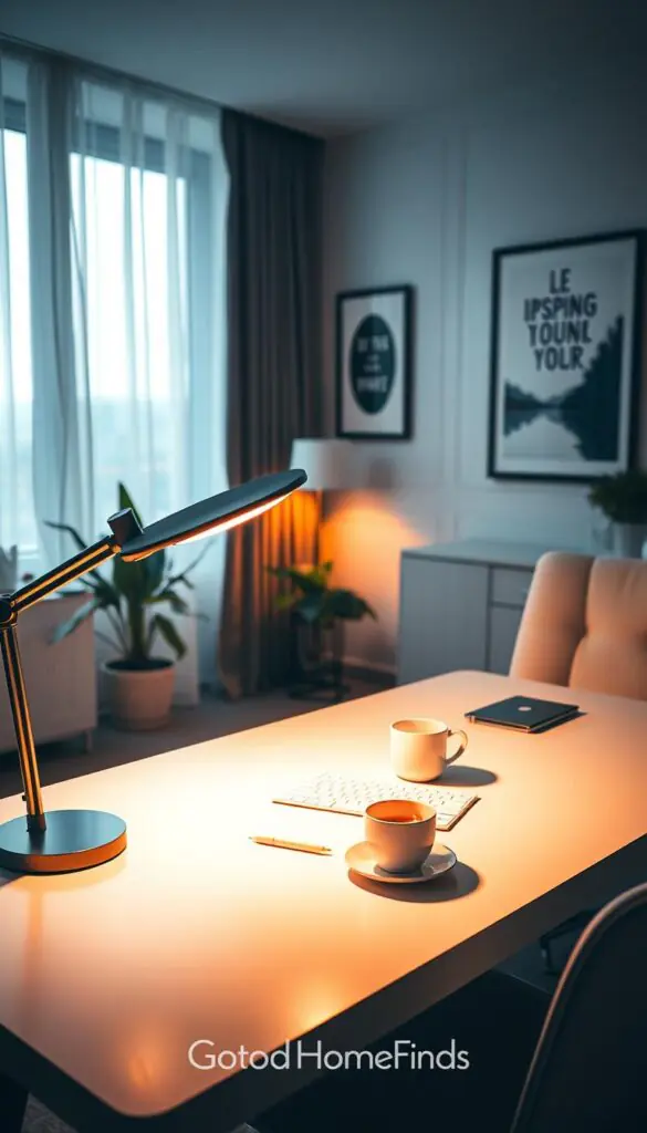 A modern home office setup featuring an elegant workspace illuminated by soft, warm lighting that enhances the skin tones and reduces fatigue. In the foreground, a stylish desk with a laptop, a notepad, and a cup of coffee, all bathed in a gentle glow from an adjustable desk lamp. In the middle ground, a comfortable chair sits adjacent to the desk, with a potted plant adding a touch of greenery. The background showcases a tastefully decorated wall with inspiring artwork and a large window allowing natural light to stream in, complemented by sheer curtains. The scene exudes a calm and productive atmosphere, ideal for remote work. Capture this lifestyle image in a realistic, Pinterest-worthy style, featuring the brand name "GoodHomeFinds."