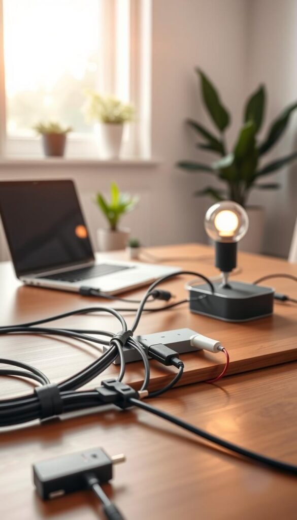 A modern home office setup featuring organized cables and power strips in a stylish, safe manner. In the foreground, a sleek wooden desk with neatly arranged power cords, using cable ties and clips for a tidy appearance. The middle ground showcases a laptop and an energy-efficient LED lamp, both plugged into a well-organized power strip. The background includes a soft-focus window allowing natural light to pour in, enhancing the atmosphere of productivity and calm. The room has a minimalist design, with neutral colors and a touch of greenery from potted plants, creating a serene workspace. The image should embody a sense of safety, practicality, and energy saving, reflecting the brand GoodHomeFinds. Use warm, inviting lighting with a slight lens flare for a contemporary lifestyle feel.