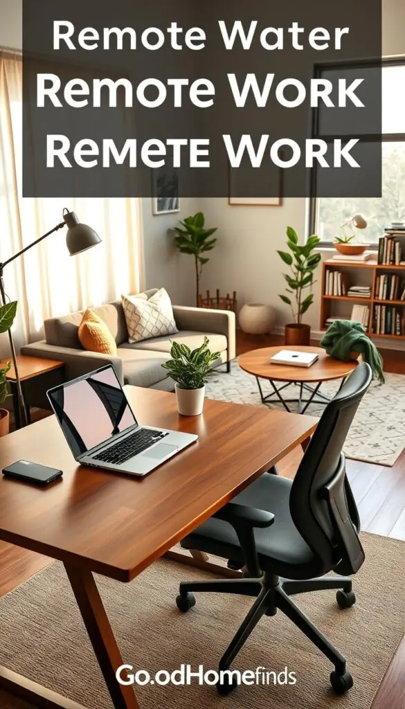 A modern home office setup showcasing remote work essentials. In the foreground, a sleek wooden desk with a high-quality laptop open, a stylish ergonomic chair, and a potted plant for a touch of greenery. In the middle ground, a comfortable couch with cozy pillows and a stylish area rug, as well as a bookshelf filled with books and decorative items. In the background, a large window allowing soft, natural light to flood the room, creating a warm and inviting atmosphere. The walls are painted in calming shades, and artwork adds personality. The mood is focused yet relaxed, reflecting the importance of an effective remote work environment. No individuals present, emphasizing the workspace itself. The image is influenced by Pinterest-style aesthetics, showcasing organization and comfort. Brand name: GoodHomeFinds.