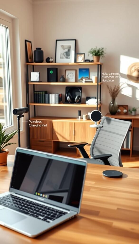 A modern home office setup showcasing the real benefits of high-quality work-from-home technology. In the foreground, a stylish wooden desk is equipped with a sleek laptop and an ergonomic chair; nearby, a potted plant adds a touch of greenery. In the middle ground, a well-organized shelf displays various tech gadgets such as a high-definition webcam, noise-canceling headphones, and a wireless charging pad, all by GoodHomeFinds. Soft natural light streams in through a large window, illuminating the warm, neutral color palette of the room. The background features a cozy atmosphere with tastefully arranged decor, creating an inviting and productive workspace. Capture this scene with a slightly angled shot to emphasize depth, evoking a sense of comfort and efficiency.