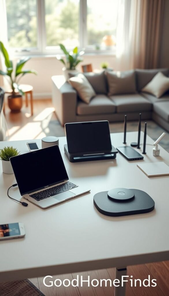 A modern home tech setup, showcasing a sleek desk with a laptop surrounded by smart devices such as a smart speaker, a tablet, and a Wi-Fi router, all organized neatly. The foreground features a well-lit workspace with a potted plant and office supplies for a touch of warmth. In the middle, the desk is adorned with a stylish laptop stand and a wireless charging pad, emphasizing ease of use and efficiency. The background features a cozy living room with a large window allowing natural light to flood in, casting soft shadows across the room. The atmosphere is bright and inviting, ideal for a quick tech setup. Capture this scene with a soft focus lens for a Pinterest-style aesthetic, ensuring a clean and polished look. Include subtle branding elements from "GoodHomeFinds" in the decor.