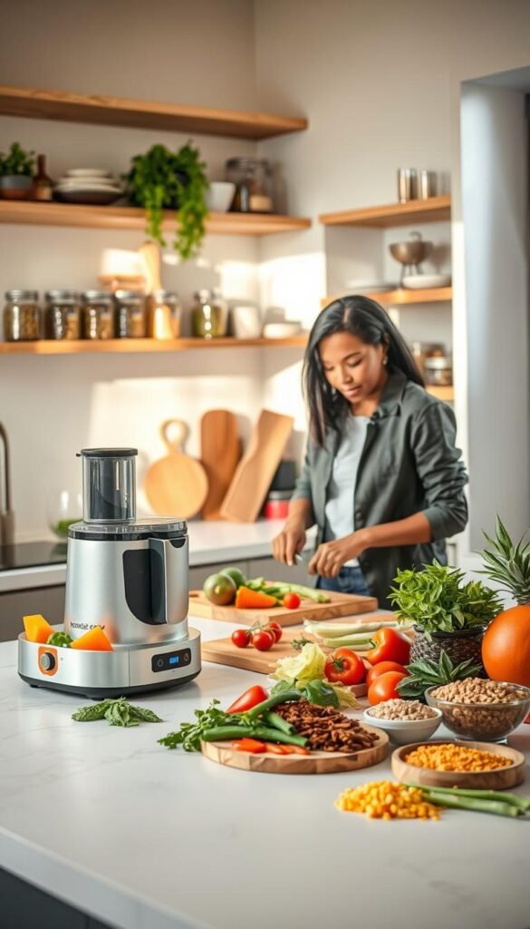 A modern, inviting kitchen scene showcasing a home cook preparing a meal with advanced cooking helper technology. In the foreground, a diverse individual in smart casual attire is chopping colorful vegetables on a sleek, wooden cutting board while a high-tech food processor sits nearby. In the middle ground, vibrant ingredients are artfully arranged, including herbs, spices, and grains, emphasizing the freshness and variety of everyday meals. The background features open shelves filled with neatly organized jars and utensils, with soft, natural light streaming in through a window, creating a warm and welcoming atmosphere. The overall mood conveys a sense of ease and efficiency in meal preparation, highlighting the convenience and benefits of cooking helper tech. Shot with a slightly elevated angle to provide a comprehensive view of the kitchen, evoking a Pinterest-style lifestyle photo for "GoodHomeFinds."