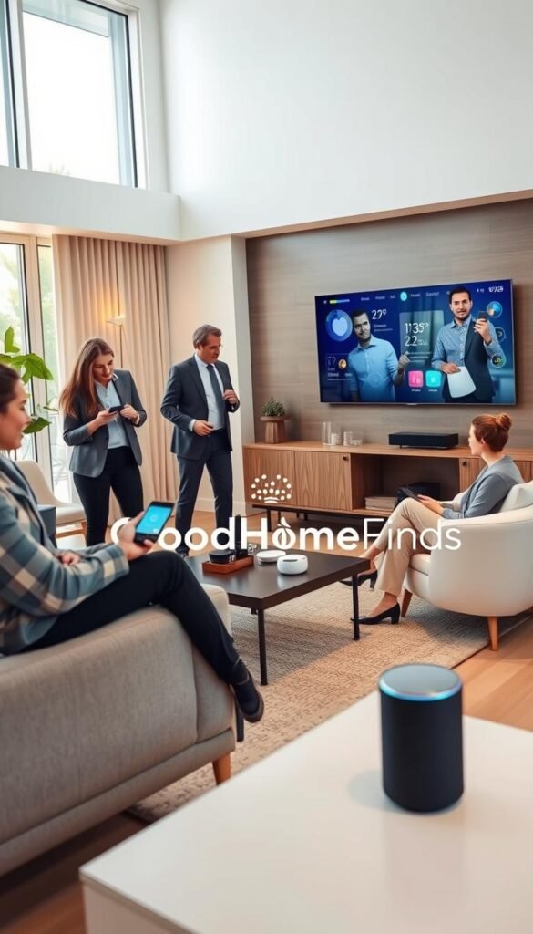 A modern, inviting living room featuring various smart home devices, showcasing a seamless integration of technology into daily life. In the foreground, a diverse group of well-dressed individuals in professional business attire engages with smart home features&mdash;a woman adjusting smart lighting on her phone, a man monitoring a smart thermostat, and a couple discussing while seated on a sleek sofa. The middle layer includes stylish furniture, a coffee table with smart speakers, and a bold, interactive digital display on the wall. In the background, large windows let in natural light, creating a warm and welcoming atmosphere. The scene is shot with a soft focus lens, emphasizing the comfort and convenience of smart homes. The brand name "GoodHomeFinds" subtly integrates into the decor, enhancing the lifestyle feel.