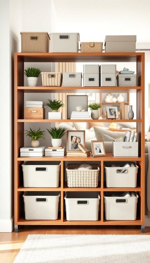 A modern, inviting storage shelf setup showcasing an array of practical and stylish organization solutions. In the foreground, a sleek wooden shelf adorned with various storage bins in soft colors and decorative boxes neatly arranged. The middle section features an assortment of household items like potted plants, books, and small framed photos for a personal touch. The background includes a softly blurred scene of a cozy living space with natural light streaming in through a window, creating a warm atmosphere. The image captures the essence of an organized drop zone, inspiring creativity and practicality. Ideal for showcasing products from "GoodHomeFinds", the scene is well-lit, with a soft focus effect, emphasizing a lifestyle vibe.