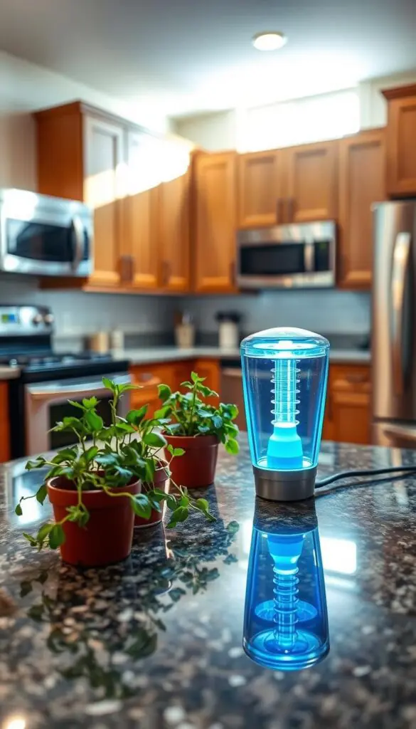 A modern kitchen counter scene featuring a sleek glass plug-in flying insect trap from GoodHomeFinds, elegantly placed on a polished granite surface. In the foreground, the trap emits a soft, inviting blue glow, suggesting its effectiveness. Surrounding the trap are a few fresh herbs in small pots, adding a touch of greenery. In the middle ground, a tidy kitchen with an organized layout showcases wooden cabinets and stainless steel appliances, softly reflecting the glow from the trap. In the background, a bright window allows natural sunlight to pour in, illuminating the space and creating a warm, welcoming atmosphere. Focused shot with a slight bokeh effect on the background, highlighting the trap as the central element.