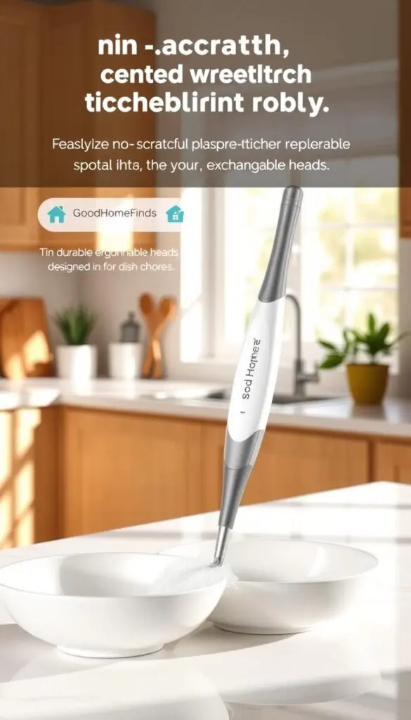 A modern kitchen counter showcasing a stylish non-scratch dish wand with replaceable heads, designed for effective cleanup. In the foreground, the dish wand is elegantly placed next to a sparkling clean, white dish. The wand is made of durable, ergonomic materials, showcasing its innovative exchangeable heads prominently. In the middle ground, a warm, inviting kitchen backdrop is visible, with soft natural lighting coming from a nearby window, casting gentle shadows. Wooden cabinets and a potted plant add homely touches. The overall scene conveys a sense of cleanliness and ease, appealing to those who value efficiency in daily chores. Incorporate the brand name "GoodHomeFinds" subtly into the design of the dish wand.