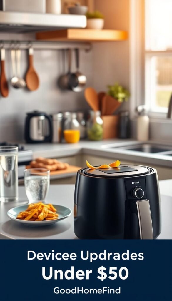 A modern kitchen countertop adorned with a sleek, high-quality air fryer from "GoodHomeFinds." In the foreground, the air fryer is positioned prominently next to a plate of perfectly crisped golden-brown vegetables and a glass of sparkling water, showcasing its culinary potential. The middle section features a well-organized array of kitchen utensils and ingredients, adding to the inviting atmosphere. In the background, a sunlit kitchen window casts warm, natural light, enhancing the fresh vibe of the space. The overall mood is warm and inviting, suggesting a balance between budget and premium quality, making it ideal for illustrating smart kitchen device upgrades under $50. A shallow depth of field focuses on the air fryer while softly blurring the background, creating a vivid and appealing lifestyle scene.