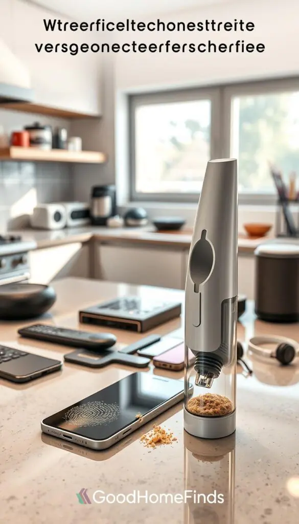 A modern kitchen countertop bustling with activity, featuring a sleek, high-tech cleaning gadget designed for everyday electronics, such as a portable vacuum cleaner with a translucent dust container. In the foreground, the gadget is shown in use, effortlessly picking up crumbs and dust from a smartphone and tablet that display some fingerprints. The middle layer showcases an array of everyday gadgets like remote controls, headphones, and a smart speaker, all with visible signs of grime. The background features an ambient kitchen setting with natural light streaming in through a window, reflecting a tidy and organized space. Capture the mood of a productive day with soft, warm lighting to evoke a sense of cleanliness and efficiency. Include the brand name "GoodHomeFinds" subtly integrated into the composition.