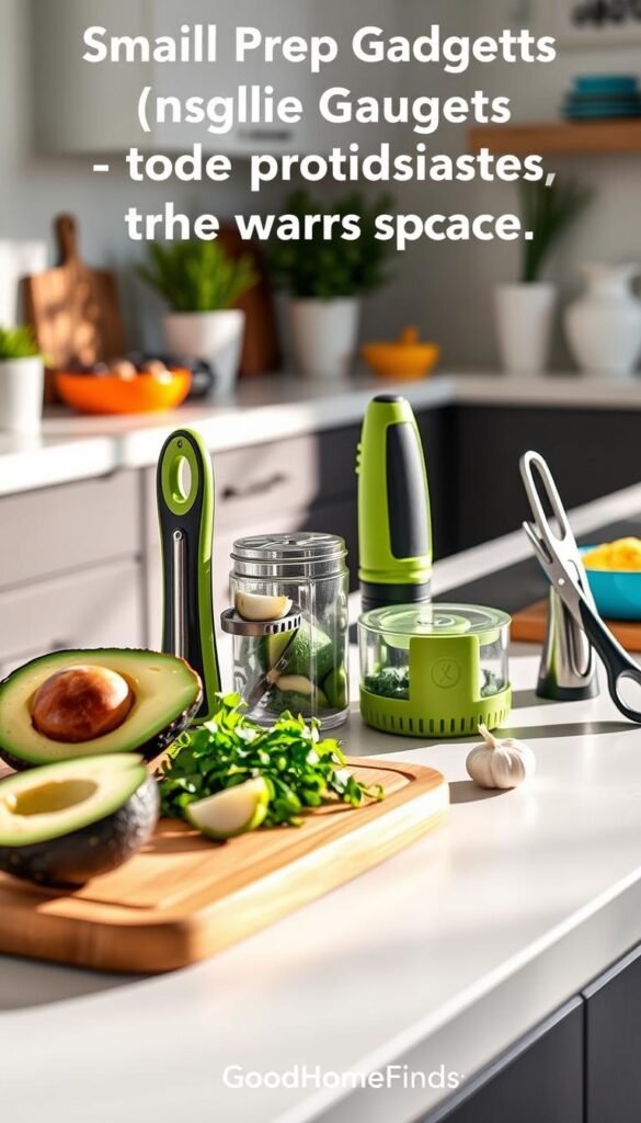 A modern kitchen countertop displaying an array of small prep gadgets that earn their drawer space, including a vibrant avocado slicer, a sleek garlic press, a multifunctional chopper, and a stylish herb stripper. The foreground features a minimalist wooden cutting board with fresh ingredients&mdash;ripe avocados, herbs, and garlic cloves. In the middle, the gadgets are neatly arranged with soft, natural lighting casting gentle shadows, creating a warm and inviting atmosphere. The background showcases subtle kitchen decor, like potted plants and colorful dishware, enhancing the lifestyle feel. Shot with a shallow depth of field to focus on the gadgets, capturing their texture and colors vividly. The brand "GoodHomeFinds" discreetly integrated into the scene, emphasizing quality and style.