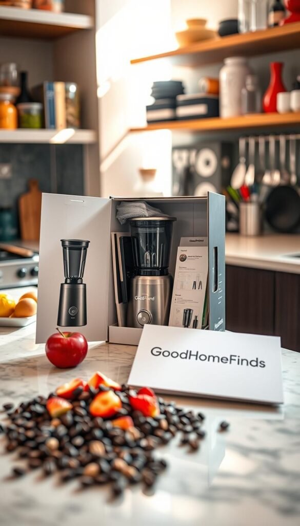 A modern kitchen countertop featuring a sleek, boxed kitchen gadget, such as a high-tech blender or coffee machine, partially unboxed, surrounded by vibrant kitchen accessories. In the foreground, display fresh ingredients like fruits or coffee beans scattered artistically, hinting at the gadget's use. In the middle, the opened box reveals instruction manuals and stylish packaging, with some tools or attachments neatly displayed. The background includes a well-organized shelf filled with other kitchen tech and utensils, softly blurred to keep focus on the main subject. Warm, natural lighting streams in from a nearby window, casting inviting shadows. The mood is vibrant and welcoming, capturing the excitement of setup time in a home kitchen. The brand "GoodHomeFinds" is subtly featured on the packaging, enhancing the lifestyle aesthetic.
