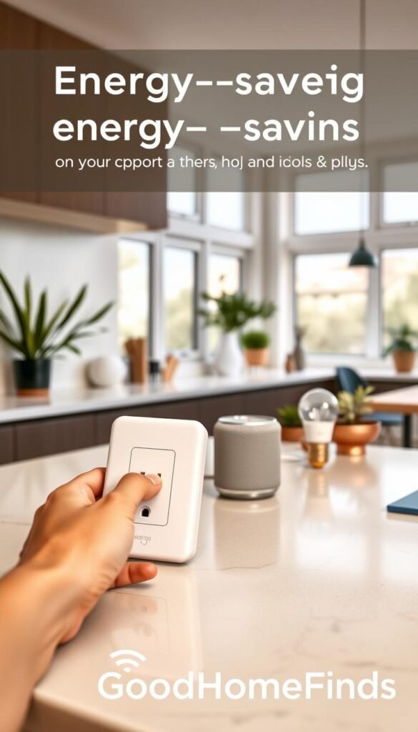 A modern kitchen countertop featuring a sleek, white smart plug or outlet prominently displayed. In the foreground, a hand reaches out to adjust the plug, showcasing its user-friendly interface. In the middle, there's an array of smart home devices, such as a smart speaker and energy-efficient LED bulbs, creating an inviting atmosphere. The background reveals a bright, airy kitchen with minimalistic decor, large windows letting in natural light, and potted plants for a touch of greenery. The image is captured with soft, diffused lighting to evoke a warm and inviting mood. Overall, it reflects the theme of energy-saving and modern living, branded subtly with "GoodHomeFinds" integrated into the scene.