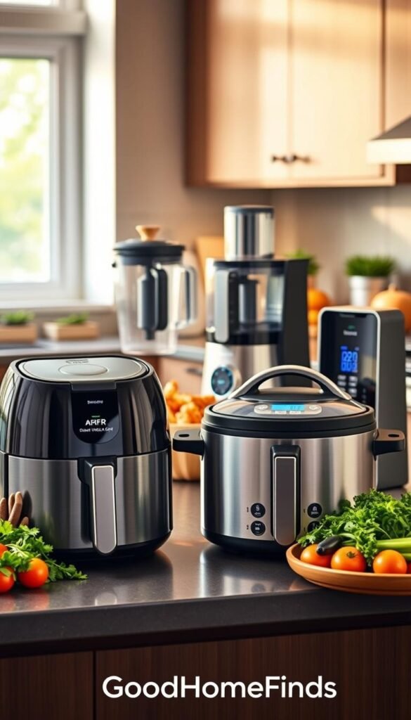 A modern kitchen countertop featuring an array of innovative cooking helper devices, each displaying sleek, ergonomic designs that reflect various cooking styles. In the foreground, a high-tech air fryer and a stylish slow cooker are prominently arranged with a vibrant assortment of fresh vegetables and herbs beside them. The middle ground showcases an advanced food processor and a smart kitchen scale, highlighting their user-friendly interfaces. The background feels warm and inviting, with soft, ambient lighting that enhances the polished finishes of the appliances. A cozy kitchen ambiance is created by soft shadows and natural light filtering through a window, adding warmth to the scene. The overall mood is one of inspiration and efficiency, perfect for a modern culinary space. GoodHomeFinds.
