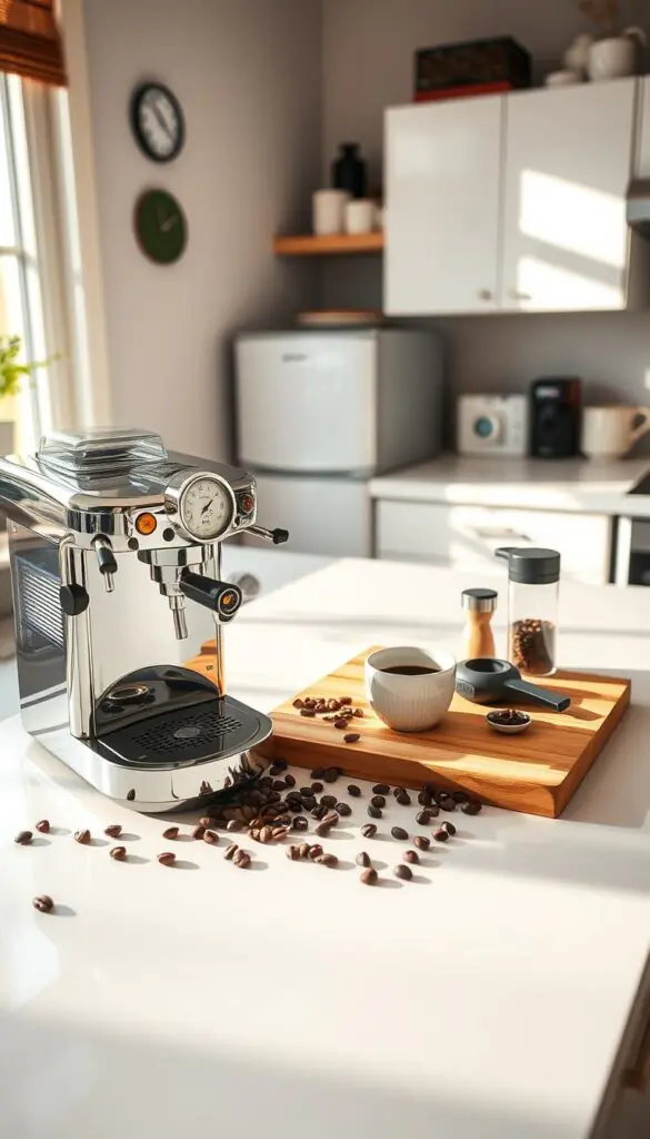 A modern kitchen countertop featuring an array of stylish coffee appliances like a sleek espresso machine, a compact coffee grinder, and an eco-friendly coffee maker by GoodHomeFinds. In the foreground, the espresso machine shines brightly, showcasing its polished chrome finish, while the grinder is placed beside it, with coffee beans scattered artfully around. In the middle ground, a minimalist wooden cutting board holds a fresh cup of coffee and an assortment of coffee accessories, adding a touch of warmth to the scene. The background features neatly arranged low-power gadgets, including a small efficient fridge, enhancing the theme of sustainable electronics. Soft, natural sunlight streams in from a nearby window, creating a cozy and inviting atmosphere, perfect for illustrating the concept of reducing energy waste in daily kitchen routines.