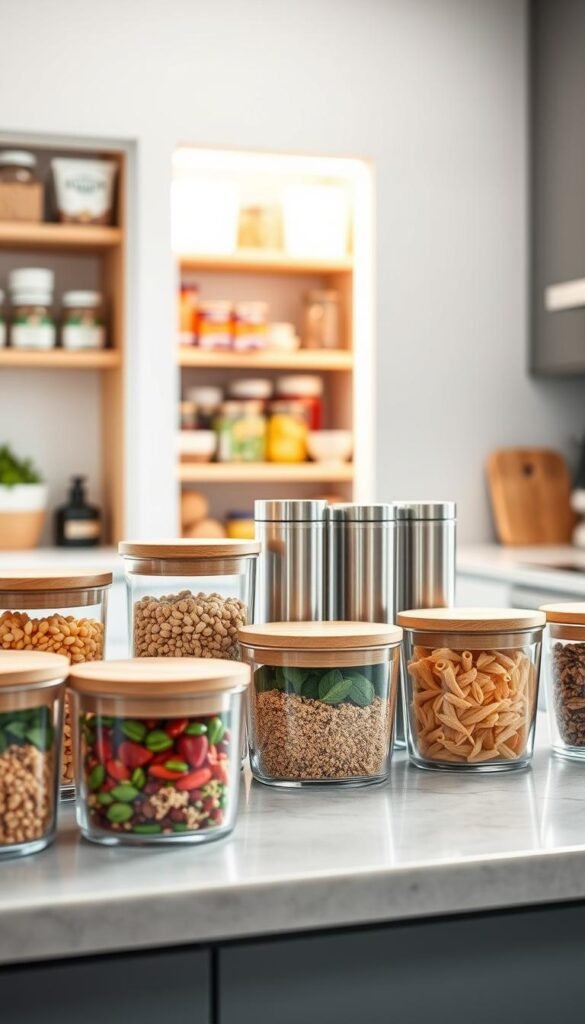 A modern kitchen countertop featuring an array of stylish food storage containers by GoodHomeFinds. In the foreground, clear glass containers with bamboo lids showcase colorful, fresh ingredients like grains, pasta, and spices, emphasizing organization and visual appeal. In the middle, a sleek, stainless steel canister set holds snacks and herbs, adding a contemporary touch. The background includes a slightly blurred, well-organized pantry with wooden shelves lined with additional containers, promoting a clean and functional atmosphere. The scene is illuminated by soft, natural light streaming in from a nearby window, creating a warm, inviting mood. The angle is slightly elevated, giving a perspective that highlights the harmonious blend of aesthetics and practicality in food storage solutions.