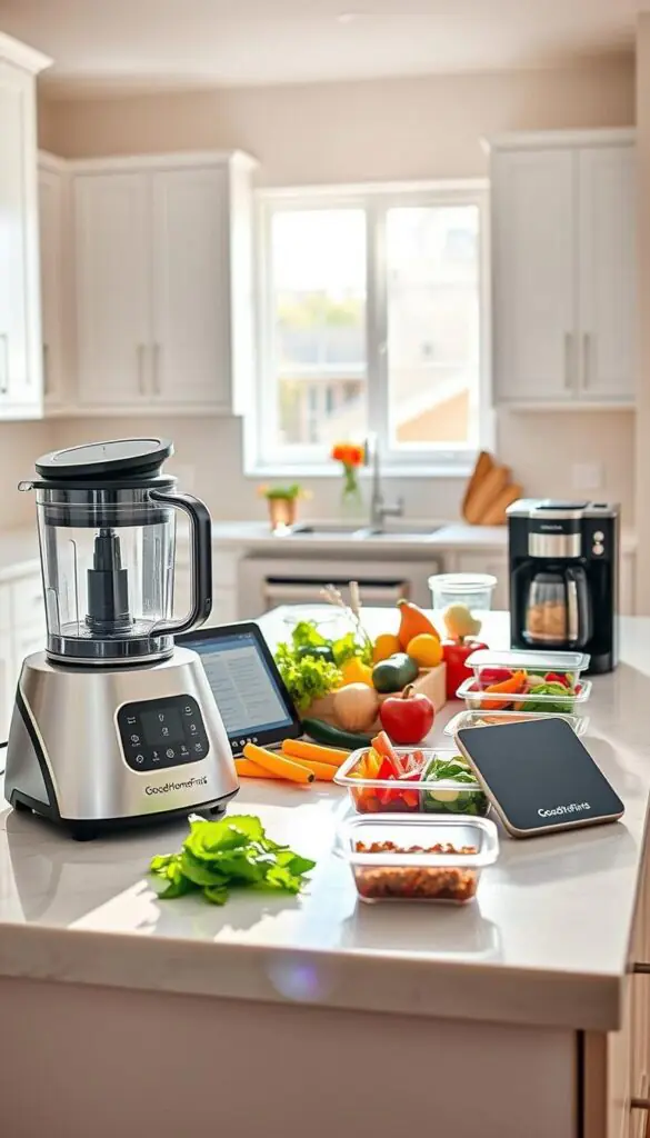 A modern kitchen countertop filled with innovative time-saving gadgets, showcasing their real benefits with a clean, organized layout. In the foreground, display a sleek multi-functional food processor, a digital recipe tablet, and a compact coffee maker, all gleaming under bright, natural light. In the middle, highlight a colorful assortment of neatly arranged fresh ingredients and meal-prepped containers, conveying efficiency. The background features a spacious kitchen with minimalist design elements, bright white cabinetry, and a window letting in warm sunlight. Use a soft focus to create a cozy, inviting atmosphere. The scene should evoke a sense of ease and organization, perfect for busy home cooks. Enhance with a lens flare effect for added warmth, and ensure that no people are included. Incorporate branding subtly with "GoodHomeFinds" visible on the gadgets.