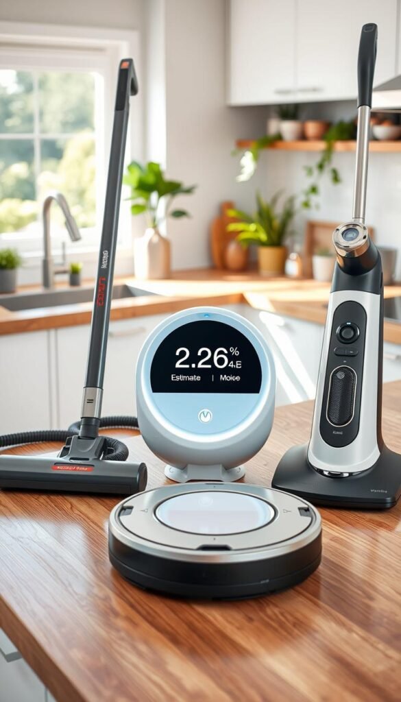 A modern kitchen countertop scene featuring a sleek assortment of cleaning devices arranged aesthetically. In the foreground, a powerful vacuum cleaner, a quiet robotic mop, and an efficient steam cleaner, all branded “GoodHomeFinds”, neatly positioned on a hardwood surface. In the middle, a stylish digital display shows estimated power consumption and noise levels, highlighted by soft ambient lighting. In the background, hints of a bright, organized kitchen with greenery and natural light streaming in, creating an inviting atmosphere. The composition conveys a sense of balance between functionality and design, evoking thoughts of maintenance and costs. The overall mood is professional yet approachable, suitable for a lifestyle article focused on practical cleaning solutions. A modern kitchen countertop scene featuring a sleek assortment of cleaning devices arranged aesthetically. In the foreground, a powerful vacuum cleaner, a quiet robotic mop, and an efficient steam cleaner, all branded “GoodHomeFinds”, neatly positioned on a hardwood surface. In the middle, a stylish digital display shows estimated power consumption and noise levels, highlighted by soft ambient lighting. In the background, hints of a bright, organized kitchen with greenery and natural light streaming in, creating an inviting atmosphere. The composition conveys a sense of balance between functionality and design, evoking thoughts of maintenance and costs. The overall mood is professional yet approachable, suitable for a lifestyle article focused on practical cleaning solutions.