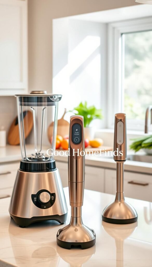 A modern kitchen countertop showcasing a sleek, high-quality blender and an immersion blender, both in elegant colors that complement each other. The foreground features the blenders in focus, with shiny metallic finishes and intuitive controls. In the middle background, a cutting board with fresh fruits and vegetables adds a vibrant touch, hinting at their potential use. Soft, natural lighting pours in from a nearby window, creating a warm and inviting atmosphere. The overall scene is styled in a Pinterest-worthy aesthetic, with a clean, organized kitchen design. The brand name "GoodHomeFinds" subtly integrated into the decor, enhancing the lifestyle appeal. Shot from a slightly elevated angle to capture all elements harmoniously.