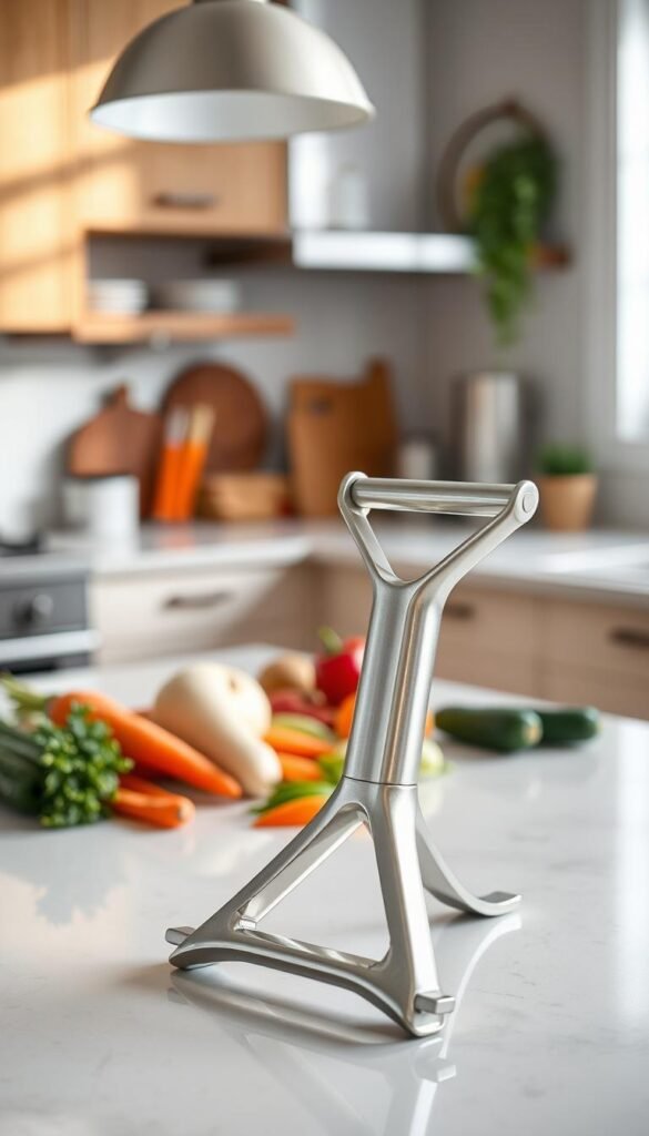 A modern kitchen countertop showcasing a sleek, stainless steel Y-peeler prominently placed in the foreground, glistening under natural light. The peeler’s ergonomic handle is designed for comfort, with a shiny blade reflecting the soft glow of the overhead light. In the middle ground, fresh vegetables like carrots, potatoes, and cucumbers are arranged artfully around the peeler, hinting at its purpose. The background features a soft-focus view of a well-organized kitchen with warm wood accents, emphasizing a cozy and inviting atmosphere. The image is shot from a slightly elevated angle to capture both the peeler and the vegetables effectively. This realistic, Pinterest-style lifestyle photo captures the efficiency of the Y-peeler, highlighting the essence of everyday cooking. GoodHomeFinds. A modern kitchen countertop showcasing a sleek, stainless steel Y-peeler prominently placed in the foreground, glistening under natural light. The peeler’s ergonomic handle is designed for comfort, with a shiny blade reflecting the soft glow of the overhead light. In the middle ground, fresh vegetables like carrots, potatoes, and cucumbers are arranged artfully around the peeler, hinting at its purpose. The background features a soft-focus view of a well-organized kitchen with warm wood accents, emphasizing a cozy and inviting atmosphere. The image is shot from a slightly elevated angle to capture both the peeler and the vegetables effectively. This realistic, Pinterest-style lifestyle photo captures the efficiency of the Y-peeler, highlighting the essence of everyday cooking. GoodHomeFinds.