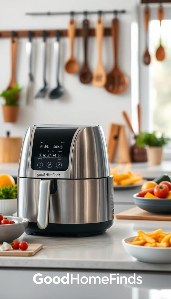 A modern kitchen countertop showcasing a sleek, stainless steel air fryer prominently in the foreground. The air fryer has a digital display and an array of buttons for temperature and time settings. In the middle ground, a well-organized kitchen scene includes fresh vegetables, spices, and a bowl of crispy fries freshly cooked in the air fryer. The background features soft-focus elements like stylish kitchen utensils hanging on a wall and an inviting, warm kitchen decor. The lighting is bright and natural, emanating from a window, casting gentle shadows that enhance the realism. The mood is energetic and appealing, reflecting a fast-paced cooking environment. The image should embody a Pinterest-style lifestyle aesthetic, highlighting the efficient and modern aspects of kitchen technology. GoodHomeFinds branding subtly integrated in the scene through kitchen accessories.