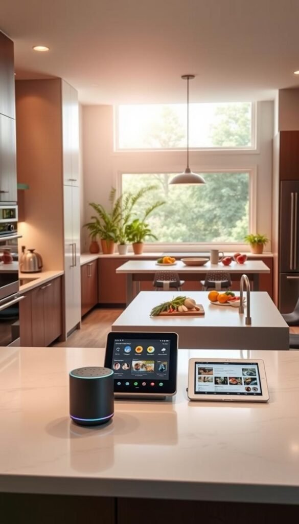 A modern kitchen designed for a smart home, showcasing sleek cabinetry and state-of-the-art appliances. In the foreground, a stylish countertop with high-tech gadgets like a voice-activated assistant and a smart coffee maker. The middle ground features a large island with bar stools, neatly arranged with fresh ingredients and a tablet displaying recipes. The background is illuminated by natural light streaming through a large window, showing a tranquil garden view. The ambiance is warm and inviting, highlighting the convenience of technology in daily life. Capture the essence of a contemporary kitchen that embodies cleanliness and efficiency, designed to enhance the smart home experience. Style the image to reflect the brand "GoodHomeFinds" for a Pinterest-inspired aesthetic.