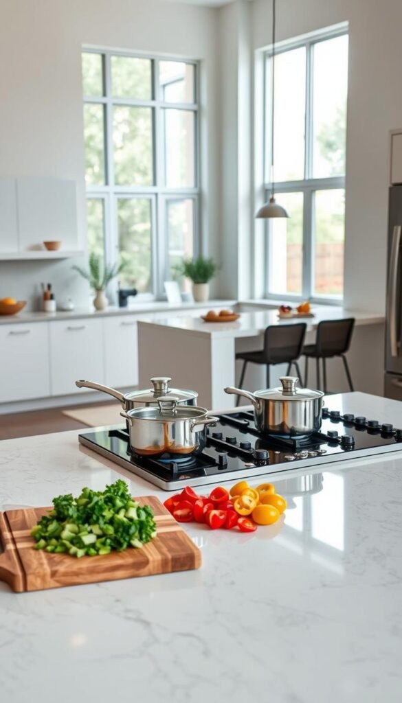 A modern kitchen designed for functionality and organization, showcasing a tidy workspace with gleaming countertops and neatly arranged utensils. In the foreground, a wooden cutting board displays vibrant, freshly chopped vegetables, while a set of stainless steel pots and pans are immaculately arranged on the stovetop. The middle ground features a spacious island with bar stools, surrounded by minimalist cabinetry in soft, neutral tones. In the background, large windows allow natural light to flood the space, enhancing the crisp, clean aesthetic. The atmosphere is inviting and serene, perfect for busy individuals seeking a streamlined routine. The overall composition captures a Pinterest-worthy lifestyle photo, reflecting the essence of GoodHomeFinds. A modern kitchen designed for functionality and organization, showcasing a tidy workspace with gleaming countertops and neatly arranged utensils. In the foreground, a wooden cutting board displays vibrant, freshly chopped vegetables, while a set of stainless steel pots and pans are immaculately arranged on the stovetop. The middle ground features a spacious island with bar stools, surrounded by minimalist cabinetry in soft, neutral tones. In the background, large windows allow natural light to flood the space, enhancing the crisp, clean aesthetic. The atmosphere is inviting and serene, perfect for busy individuals seeking a streamlined routine. The overall composition captures a Pinterest-worthy lifestyle photo, reflecting the essence of GoodHomeFinds.