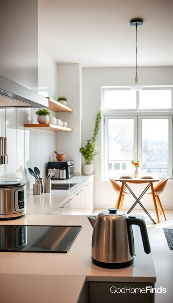 A modern kitchen designed for small homes, showcasing efficient technology that optimizes time, energy, and counter space. In the foreground, a sleek countertop features compact, high-tech appliances like a multi-cooker and a smart kettle, with stylish kitchen utensils elegantly arranged nearby. The middle layer reveals a bright, airy atmosphere, highlighted by natural light streaming through a large window, illuminating the minimalist cabinetry and floating shelves filled with plants and organized dishware. The background displays a small dining area with a cozy table set for two, enhancing the intimate feel of the space. The overall mood is inviting and innovative, capturing the essence of living smart in compact areas. Create this image in a Pinterest-style lifestyle photo with a subtle branding touch of "GoodHomeFinds". A modern kitchen designed for small homes, showcasing efficient technology that optimizes time, energy, and counter space. In the foreground, a sleek countertop features compact, high-tech appliances like a multi-cooker and a smart kettle, with stylish kitchen utensils elegantly arranged nearby. The middle layer reveals a bright, airy atmosphere, highlighted by natural light streaming through a large window, illuminating the minimalist cabinetry and floating shelves filled with plants and organized dishware. The background displays a small dining area with a cozy table set for two, enhancing the intimate feel of the space. The overall mood is inviting and innovative, capturing the essence of living smart in compact areas. Create this image in a Pinterest-style lifestyle photo with a subtle branding touch of "GoodHomeFinds".