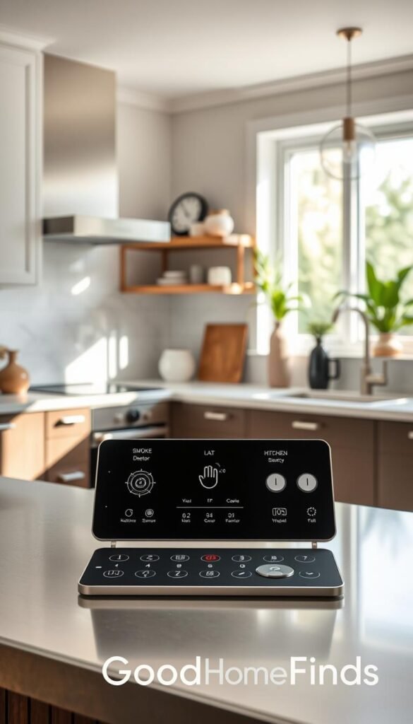 A modern kitchen equipped with advanced safety technology, prominently featuring kitchen sensors like smoke detectors, gas leak sensors, and temperature monitors. In the foreground, a sleek, stainless steel countertop showcases an intuitive sensor panel with touch controls. The middle layer highlights a well-organized kitchen space, with safety devices integrated seamlessly into the cabinetry and appliances. Soft natural light filters in through a window, creating a bright and welcoming atmosphere. The background features elegant kitchen decor and plants, adding a touch of warmth and liveliness. Capture this scene with a slight bird's-eye view, emphasizing the functionality and aesthetic appeal of these safety tools. No text or branding visible, but subtly, include the brand name "GoodHomeFinds" in the design elements.