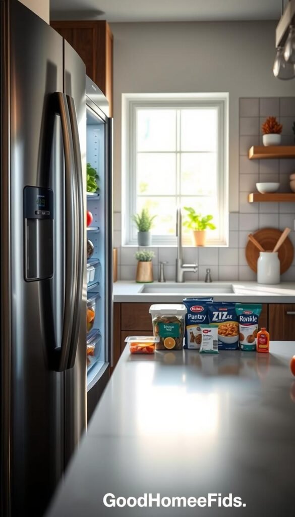 A modern kitchen featuring a sleek, high-tech smart fridge prominently displayed in the foreground, gleaming with a stainless steel finish. The fridge doors are slightly ajar, revealing neatly organized compartments filled with fresh fruits and vegetables, emphasizing its role in reducing food waste. In the middle ground, stylish pantry helpers like odor-reducing containers and zip-lock bags are arranged artistically on a polished countertop. Soft, natural light floods the scene through a nearby window, creating a warm and inviting atmosphere. In the background, a tastefully designed kitchen with tasteful decor enhances the lively home setting. The lens captures a slightly angled view to highlight the fridge's functionality and modern design. The image conveys a sense of efficiency, freshness, and cleanliness, aligning with the theme of smart kitchen solutions. GoodHomeFinds.