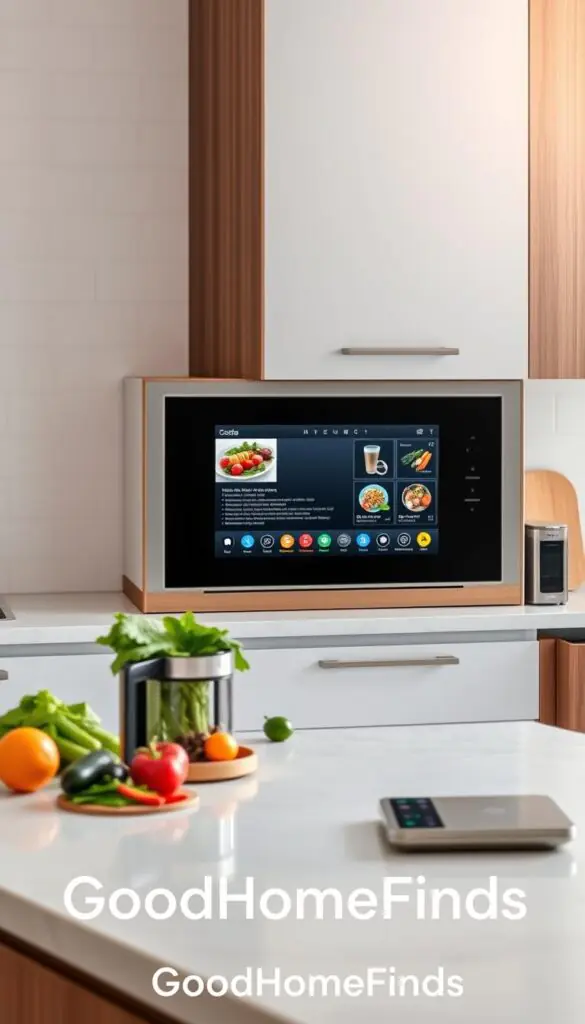 A modern kitchen featuring a sleek, minimalist kitchen screen integrated into the cabinetry. In the foreground, the screen displays a colorful recipe, with bright ingredients laid out on a counter: fresh vegetables, aromatic herbs, and kitchen tools. In the middle, a stylish coffee maker and a smart scale sit beside the screen, showcasing technology that enhances cooking efficiency. The background reveals soft, diffused morning light filtering through a window, illuminating the white subway tile backsplash and wooden cabinets, creating an inviting atmosphere. The mood is both functional and warm, inviting viewers to imagine a harmonious start to a busy morning. This lifestyle image should reflect the brand "GoodHomeFinds", devoid of any text or distractions.