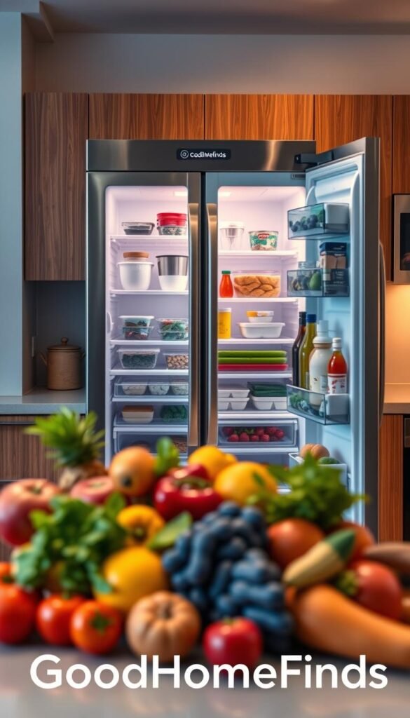 A modern kitchen featuring a sleek, spacious smart fridge with visible cameras integrated into its design. In the foreground, vibrant fresh produce like fruits and vegetables are artfully arranged on a countertop, highlighting the fridge's health-centric lifestyle. The middle layer showcases the smart fridge with its clear glass door displaying neatly organized shelves filled with meal prep containers, dairy products, and condiments. The background includes a cozy kitchen setting with warm, soft lighting that conveys a welcoming atmosphere, featuring wooden cabinets and stylish appliances. A subtle reflection of the cameras can be seen on the fridge's surface, emphasizing its advanced technology. Overall, the image should evoke a sense of practicality and modern living, branded as "GoodHomeFinds." A modern kitchen featuring a sleek, spacious smart fridge with visible cameras integrated into its design. In the foreground, vibrant fresh produce like fruits and vegetables are artfully arranged on a countertop, highlighting the fridge's health-centric lifestyle. The middle layer showcases the smart fridge with its clear glass door displaying neatly organized shelves filled with meal prep containers, dairy products, and condiments. The background includes a cozy kitchen setting with warm, soft lighting that conveys a welcoming atmosphere, featuring wooden cabinets and stylish appliances. A subtle reflection of the cameras can be seen on the fridge's surface, emphasizing its advanced technology. Overall, the image should evoke a sense of practicality and modern living, branded as "GoodHomeFinds."