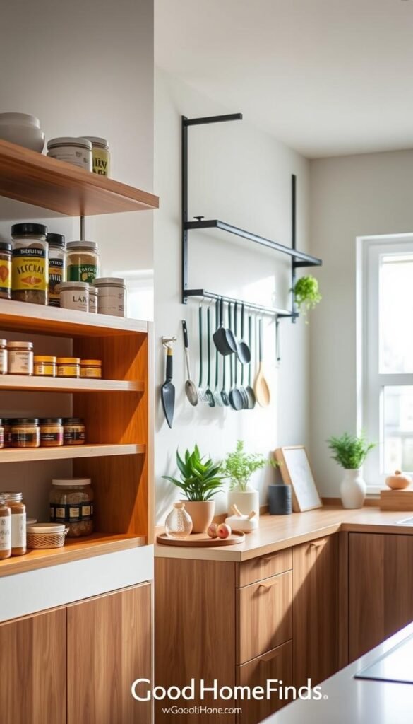 A modern kitchen featuring innovative vertical shelving solutions, showcasing stylish shelves and rails for optimal storage without drilling. The foreground highlights open shelves made of warm wood displaying neatly arranged kitchen essentials like spices, jars, and cookware. A sleek rail system mounted on the wall features hanging utensils and decorative plants. In the middle, a cozy, well-organized kitchen counter with bright, minimalistic decor creates an inviting atmosphere. The background reveals a bright window allowing natural light to stream in, enhancing the airy feel. The lighting is soft and warm, creating a harmonious and inviting mood. Capture a Pinterest-style lifestyle photo that inspires creativity and functionality in small kitchens, branded subtly with "GoodHomeFinds".
