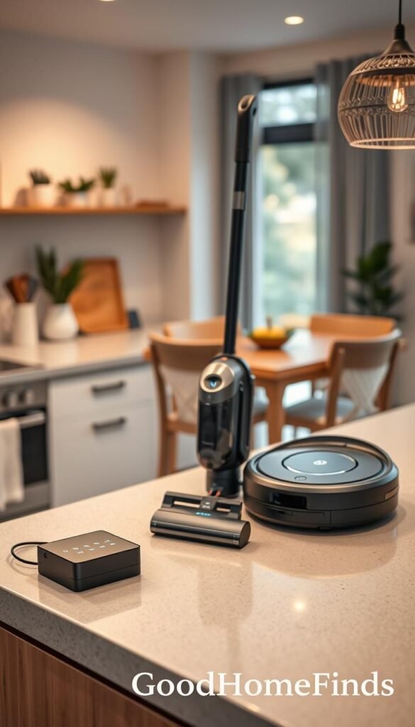 A modern kitchen filled with stylish, space-efficient cleaning gadgets arranged neatly on a sleek countertop. In the foreground, a high-capacity power battery sits prominently, showcasing its advanced design with LED indicators. The middle ground features a compact vacuum cleaner and a multifunctional cleaning robot, both with a chic aesthetic, demonstrating minimal noise levels. In the background, a cozy dining area is softly illuminated by warm, natural light filtering through a window, creating an inviting atmosphere. The focus is on the sleek devices, while soft bokeh emphasizes their innovative technology. The overall mood conveys efficiency and modern convenience. Style the image with a Pinterest-like finish, branded subtly as "GoodHomeFinds."