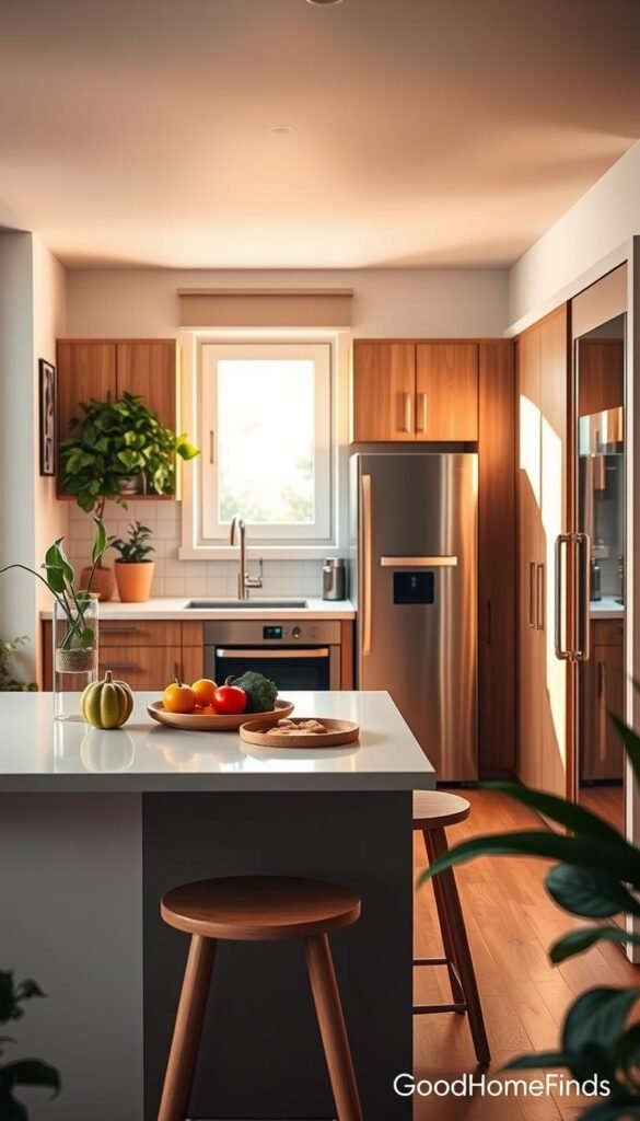 A modern kitchen in a small apartment, featuring a stylish yet functional layout. In the foreground, a sleek kitchen island with minimalistic stools invites interaction, adorned with fresh ingredients ready for cooking. The middle ground showcases stylish appliances, including a compact oven and contemporary fridge, accentuated by wooden cabinets painted in soft pastel hues. In the background, a window allows warm, natural light to flood the space, casting gentle shadows and creating an inviting atmosphere. The scene is framed with houseplants that bring a touch of greenery, enhancing the cozy vibe. The overall mood is vibrant yet peaceful, embodying the essence of efficient living. The image is styled to reflect the brand GoodHomeFinds.