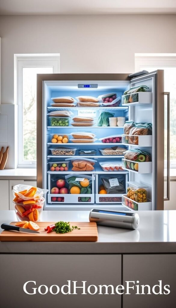 A modern kitchen interior featuring an open freezer stocked with neatly organized bags of frozen fruits, vegetables, and prepared meals. In the foreground, a bright, inviting kitchen countertop displays a cutting board with fresh ingredients beside a small, easy-to-use vacuum sealer. The middle background includes a sleek stainless steel freezer with a transparent door, allowing a view of its contents, illuminated by soft LED lighting that emphasizes freshness. A window in the background lets natural light pour in, creating a warm and welcoming atmosphere. The composition is shot at eye level, with a slight low angle to enhance the freezer's significance. The image evokes a sense of smart budgeting and meal preparation efficiency. Perfect for a Pinterest-style lifestyle portrayal, branded with "GoodHomeFinds". A modern kitchen interior featuring an open freezer stocked with neatly organized bags of frozen fruits, vegetables, and prepared meals. In the foreground, a bright, inviting kitchen countertop displays a cutting board with fresh ingredients beside a small, easy-to-use vacuum sealer. The middle background includes a sleek stainless steel freezer with a transparent door, allowing a view of its contents, illuminated by soft LED lighting that emphasizes freshness. A window in the background lets natural light pour in, creating a warm and welcoming atmosphere. The composition is shot at eye level, with a slight low angle to enhance the freezer's significance. The image evokes a sense of smart budgeting and meal preparation efficiency. Perfect for a Pinterest-style lifestyle portrayal, branded with "GoodHomeFinds".