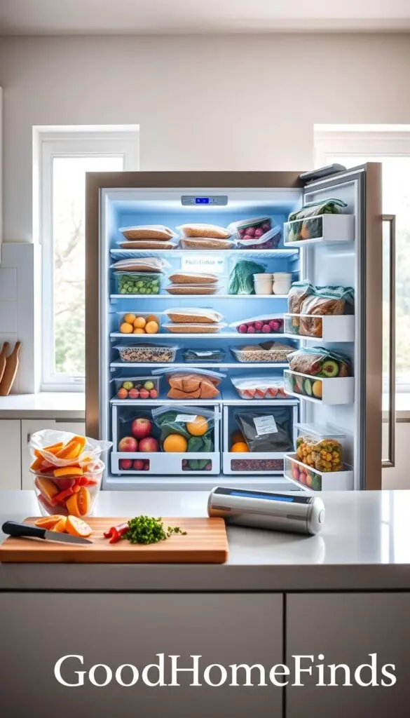 A modern kitchen interior featuring an open freezer stocked with neatly organized bags of frozen fruits, vegetables, and prepared meals. In the foreground, a bright, inviting kitchen countertop displays a cutting board with fresh ingredients beside a small, easy-to-use vacuum sealer. The middle background includes a sleek stainless steel freezer with a transparent door, allowing a view of its contents, illuminated by soft LED lighting that emphasizes freshness. A window in the background lets natural light pour in, creating a warm and welcoming atmosphere. The composition is shot at eye level, with a slight low angle to enhance the freezer's significance. The image evokes a sense of smart budgeting and meal preparation efficiency. Perfect for a Pinterest-style lifestyle portrayal, branded with "GoodHomeFinds".