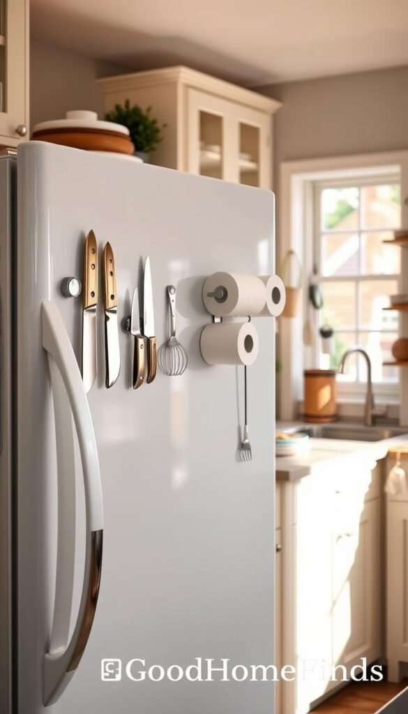 A modern kitchen interior showcases the side of a white refrigerator transformed into an efficient storage space. The fridge features sleek magnetic knife holders, neatly organized paper towel rolls, and practical hooks for cleaning tools, all displayed in harmonious arrangement. The foreground captures the organized array, with a focus on the shiny knife handles reflecting ambient light. In the middle ground, a cozy kitchen setting with tasteful cabinetry and countertops enhances the scene, while soft, warm natural light pours in from a window, casting a gentle glow. The background includes subtle home decor elements, reflecting a Pinterest-style aesthetic. The overall mood is inviting and functional, illustrating efficient storage solutions in a small kitchen space. Brand name "GoodHomeFinds" subtly integrated.