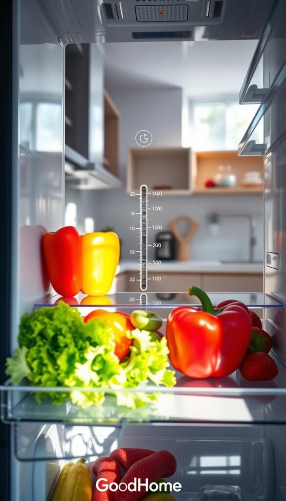 A modern kitchen interior showcasing a beautifully organized refrigerator, emphasizing different temperature zones for food preservation. In the foreground, colorful fresh fruits and vegetables like vibrant bell peppers, crisp lettuce, and strawberries are artfully arranged on a clear shelf. The middle section features a visible temperature gauge, highlighting optimal ranges while ensuring clarity. The background reveals a stylish kitchen environment, with soft natural light streaming in through a window, casting gentle shadows. The entire scene captures a clean, minimalist aesthetic, promoting a sense of freshness and organization. Lens focused to create a soft depth of field, enhancing the fridge's functionality. The atmosphere is inviting and practical, underscoring the importance of understanding fridge zones in everyday living. GoodHomeFinds.