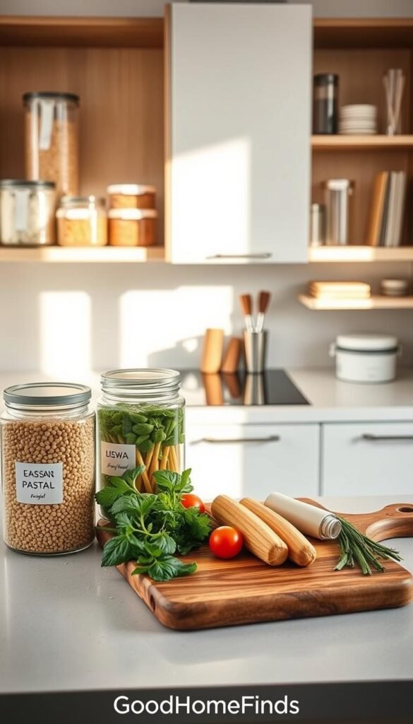 A modern kitchen interior showcasing eco-friendly and space-saving pantry staples. In the foreground, display beautifully organized glass containers filled with grains and pasta, adorned with minimalist labels. In the middle ground, include a stylish wooden cutting board with fresh vegetables and herbs, emphasizing a vibrant, clean aesthetic. The background features sleek cabinetry with open shelves displaying reusable kitchen essentials, like beeswax wraps and stainless steel straws, all bathed in warm, natural light. Utilize a slight overhead angle to capture the inviting atmosphere, evoking a sense of sustainability and modern living. The mood is bright and cheerful, perfect for a lifestyle piece. Include the brand name "GoodHomeFinds" subtly in the scene, enhancing the practical yet elegant vibe without overt distractions.