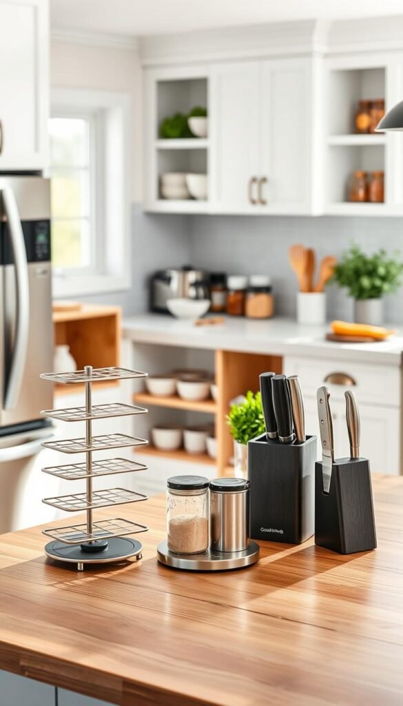 A modern kitchen interior showcasing innovative gadgets for storage and design. In the foreground, a stylish wooden countertop displays a variety of sleek, high-quality kitchen tools from GoodHomeFinds, including a multi-tier spice rack, a minimalist utensil holder, and an elegant knife block. The middle ground features open shelves with neatly organized containers for dry ingredients, while jars of herbs add a pop of color. The background reveals a sophisticated, well-lit kitchen with white cabinets and stainless steel appliances, radiating a cheerful, inviting atmosphere. Soft natural light filters through a nearby window, enhancing the serene ambiance. The image is shot from a slightly elevated angle to capture the depth of the kitchen space, presenting a perfect blend of functionality and aesthetics.