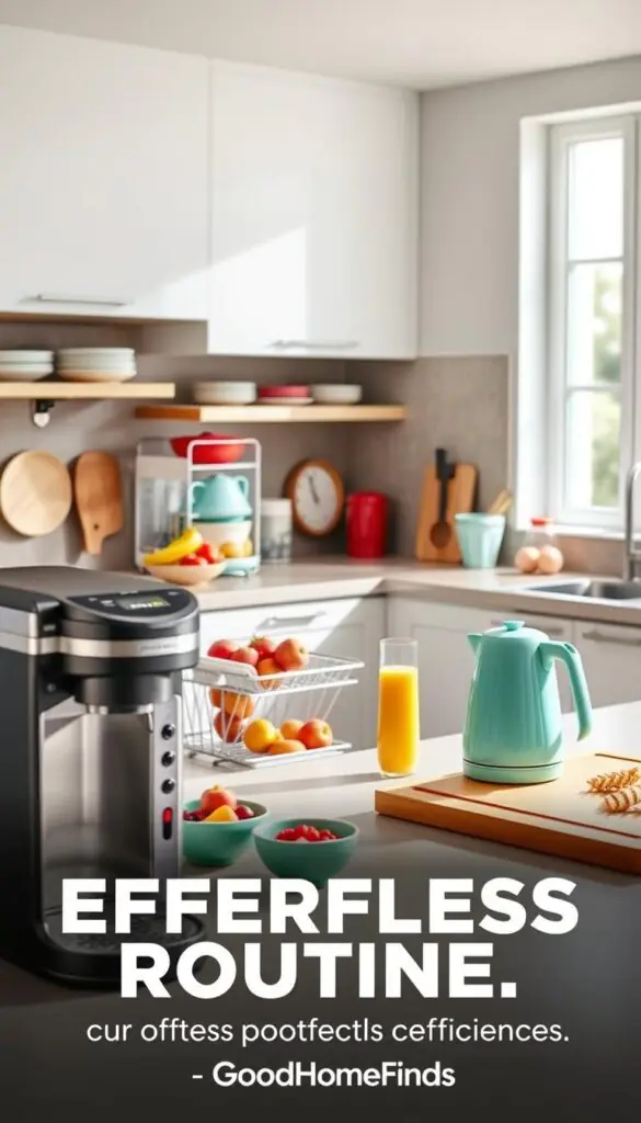 A modern kitchen scene designed for efficiency and style, showcasing smart products that streamline daily tasks. In the foreground, a sleek coffee maker and an innovative breakfast station with colorful bowls of fruit and a cutting board filled with fresh ingredients. The middle ground highlights a spacious countertop with neatly stacked dishes, an easy-to-use dish rack, and vibrant kitchen gadgets like an electric kettle and a food processor, all in harmonious pastel colors. The background features bright, natural light pouring in through a large window, illuminating the space and enhancing the inviting atmosphere. The room has a clean, minimalist aesthetic with modern cabinetry and wooden accents, perfect for showcasing the theme of effortless routines. The image embodies a sense of warmth and practicality, embodying the brand "GoodHomeFinds."