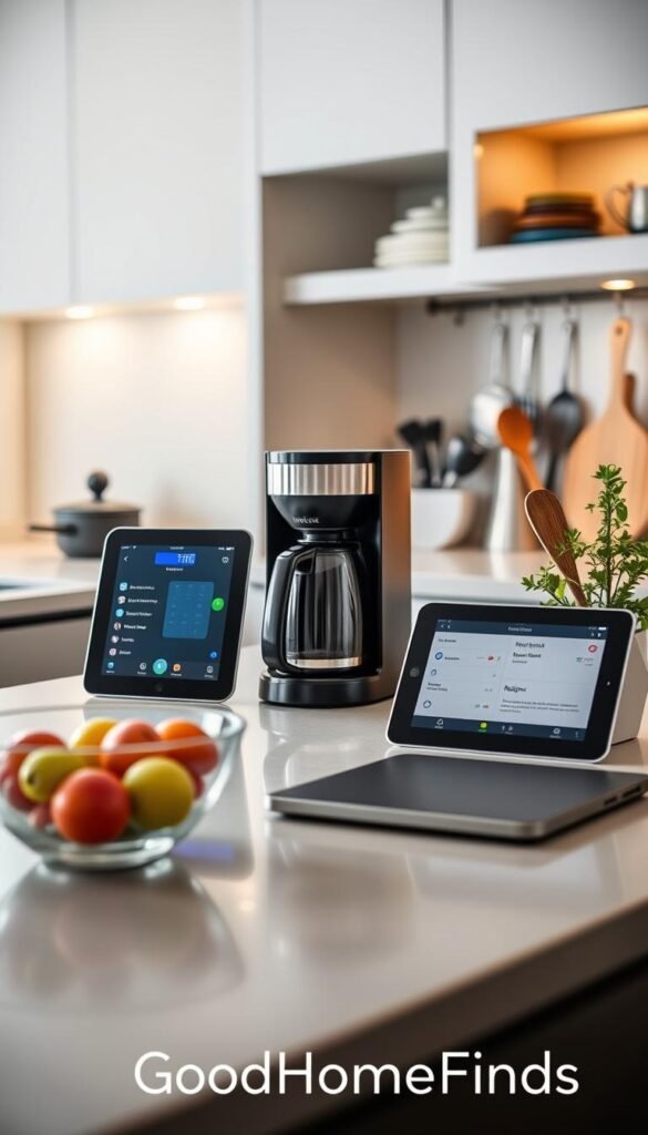 A modern kitchen scene featuring a sleek countertop with practical smart gadgets, including a high-tech coffee maker, an efficient smart scale, and a digital recipe display tablet. In the foreground, a stylish fruit bowl adds a pop of color, while a potted herb plant brings freshness. The middle-ground showcases well-organized kitchen tools and utensils, emphasizing functionality. The background subtly includes cabinetry with soft, warm lighting, creating an inviting atmosphere. The scene is captured from a slightly elevated angle, giving a comprehensive view that highlights the gadgets&rsquo; innovative designs. Soft, natural light filters in through a window, enhancing the cozy yet sophisticated mood. This image reflects the essence of "GoodHomeFinds" by showcasing the beauty and utility of modern kitchen technology.