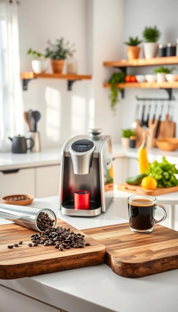A modern kitchen scene featuring a sleek, high-quality kitchen machine by GoodHomeFinds prominently displayed on a pristine countertop. The kitchen machine is elegantly designed with a brushed stainless steel finish and vibrant colored attachments, conveying a sense of innovation and practicality. The foreground includes a rich wooden cutting board with freshly ground coffee beans and a steaming cup of coffee, inviting warmth and hominess. In the middle ground, there are stylish, neatly organized cooking utensils and fresh ingredients, suggesting everyday cooking activities. The background features soft-focus shelves adorned with potted herbs and a sunny window with sheer curtains, allowing natural light to illuminate the scene. The overall atmosphere is clean, inviting, and practical, reflecting a well-loved kitchen where tech meets everyday life.