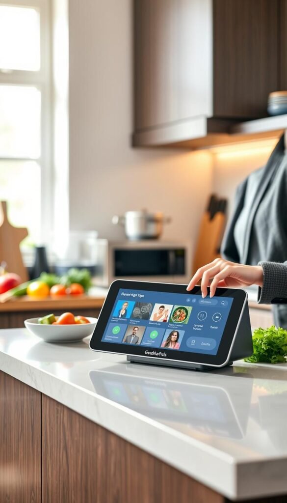 A modern kitchen scene featuring a sleek smart home speaker display prominently placed on a countertop. The device is elegantly designed, with a touch screen interface showing vibrant recipe suggestions and kitchen tips. In the foreground, a person in smart casual attire is interacting with the display, perhaps swiping through options with a focused expression. The middle background showcases well-organized kitchen appliances and fresh ingredients like vegetables and herbs, creating a warm and inviting atmosphere. Soft, natural lighting filters in from a nearby window, casting gentle shadows and enhancing the inviting feel of the space. The overall mood is practical and inspiring, perfect for daily kitchen use. Brand name displayed subtly on the device: "GoodHomeFinds".